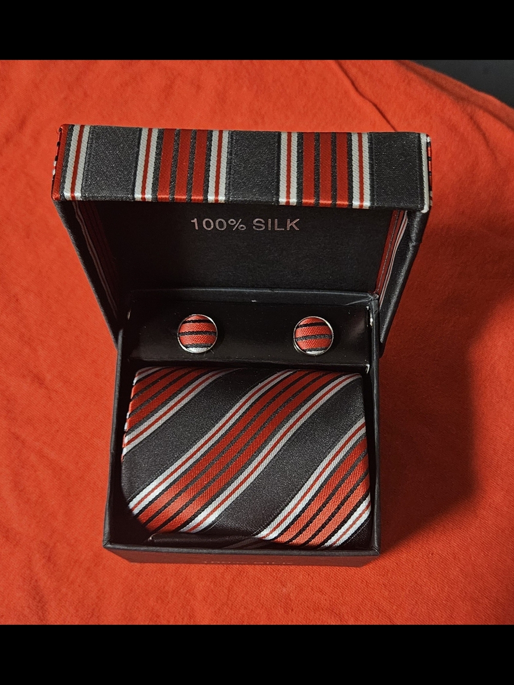 Striped Red and Black Silk Tie with Matching Cufflinks